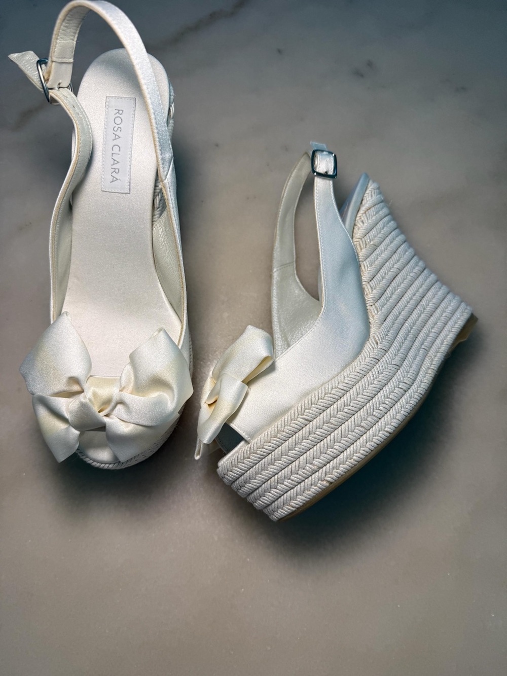 Rosa Clara Cream Satin Bow Espadrille Wedge Sandals